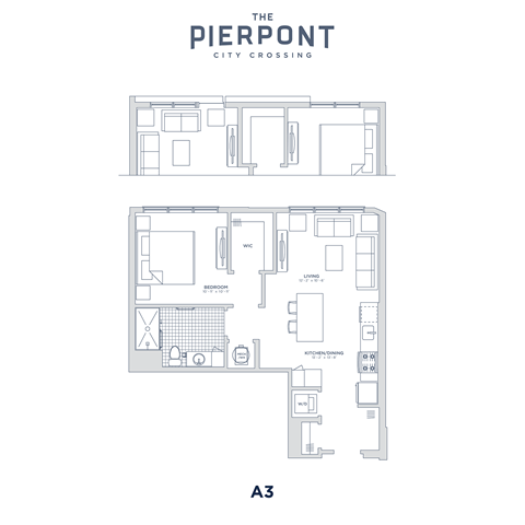 Floor plan for 1 bed, 1 bath, 695 sqft